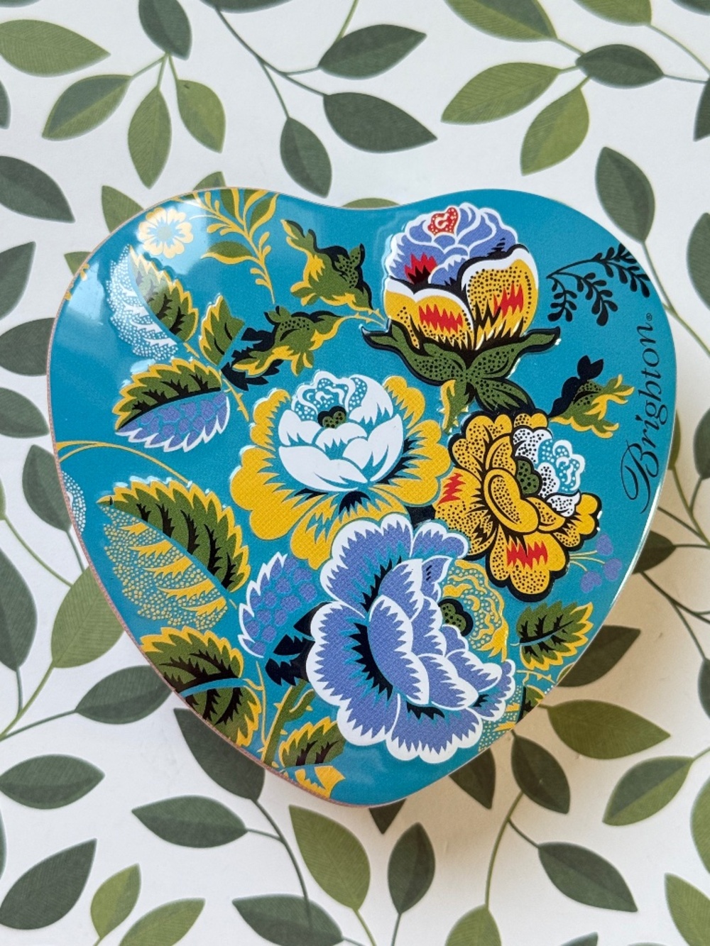 BRIGHTON Heart Shape Floral Metal Jewelry Tin Collectible Inscribed Quote